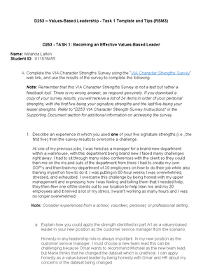 D253 Task 1: Values-Based Leadership and Self-Regulation Strategies ...