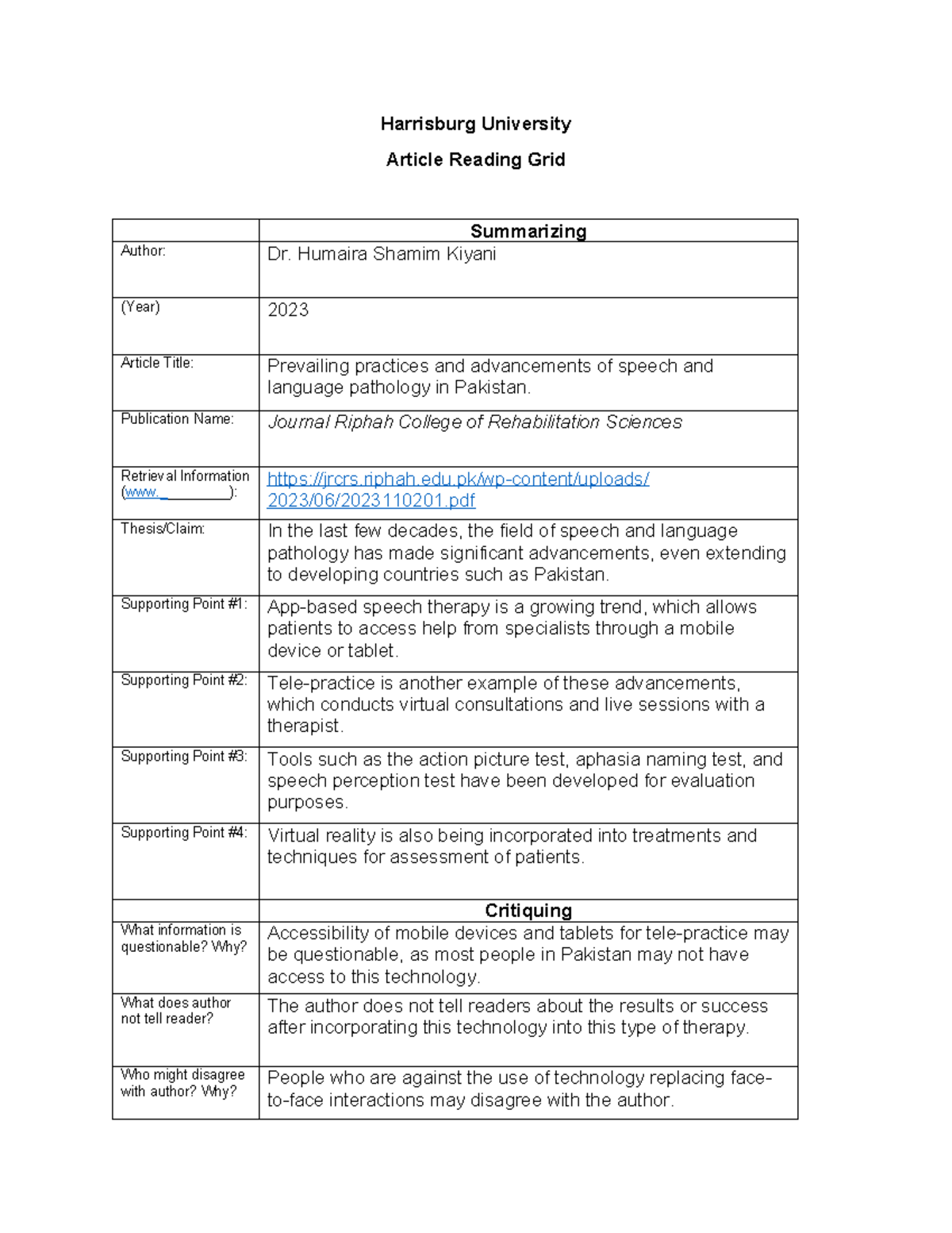 Article Grid completed - Harrisburg University Article Reading Grid ...