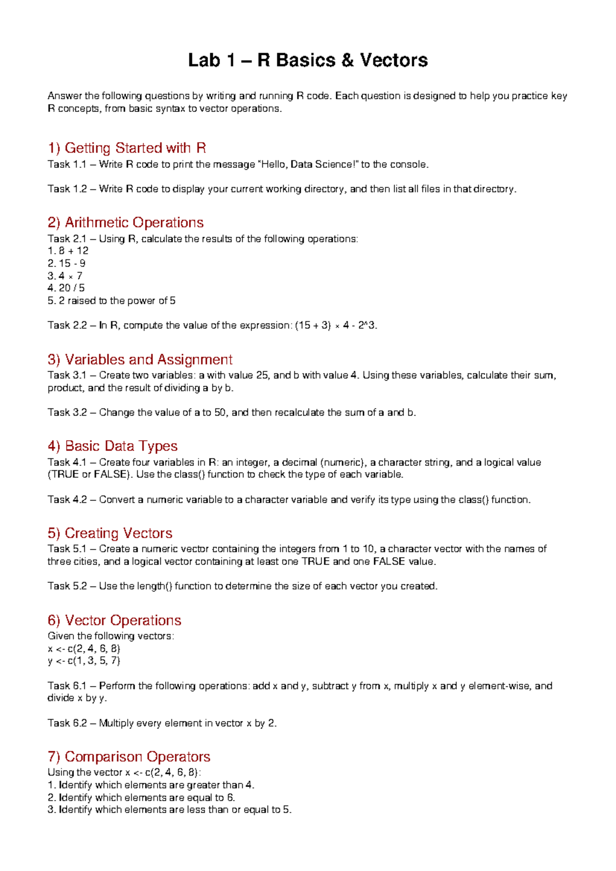 Lab 1 R Basics: Vector Operations and Code Practice - Studocu