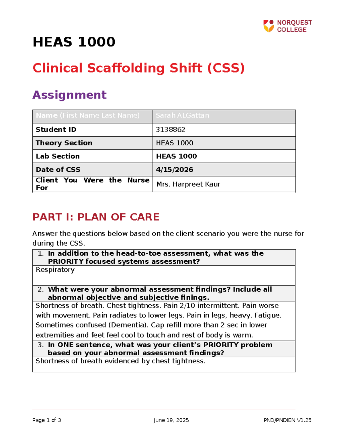 HEAS Clinical Scaffolding Shift (CSS) Assignment Reflection and Care ...