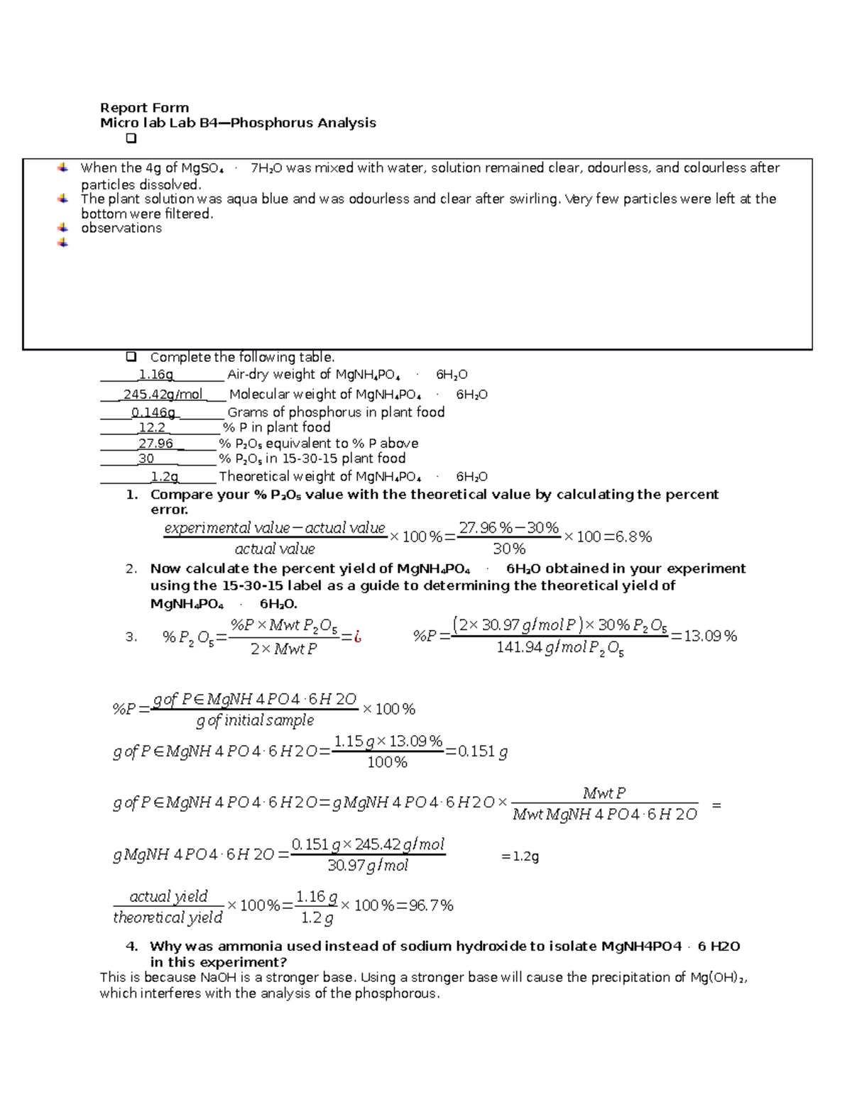 B4 - Phosphorus Analysis Lab Report for Chemistry - Studocu
