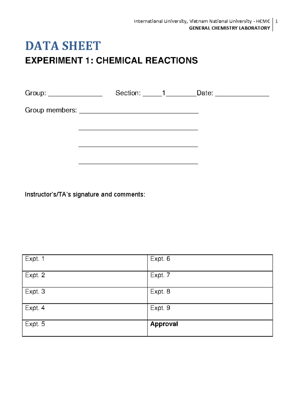 Chem Lab - Data Sheet - Wow - GENERAL CHEMISTRY LABORATORY DATA SHEET ...