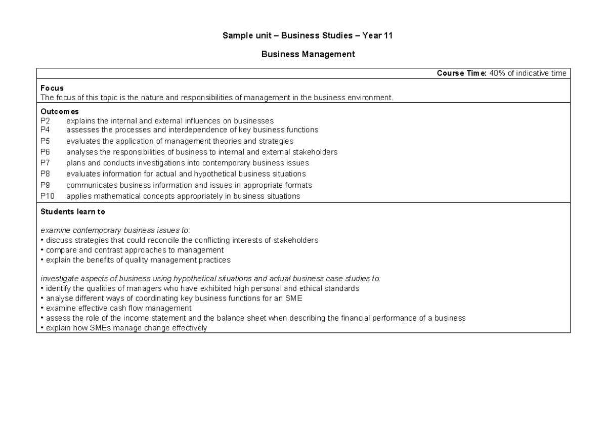 Business Studies Year 11: Sample Unit on Business Management Principles ...