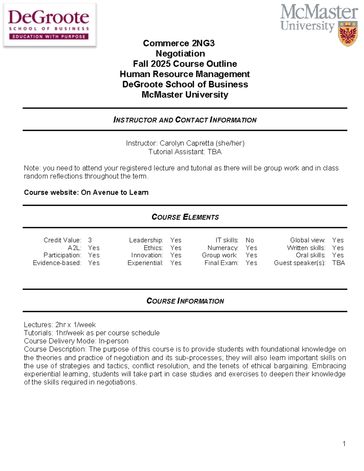 Commerce 2NG3 F25 Negotiation Course Outline and Requirements - Studocu