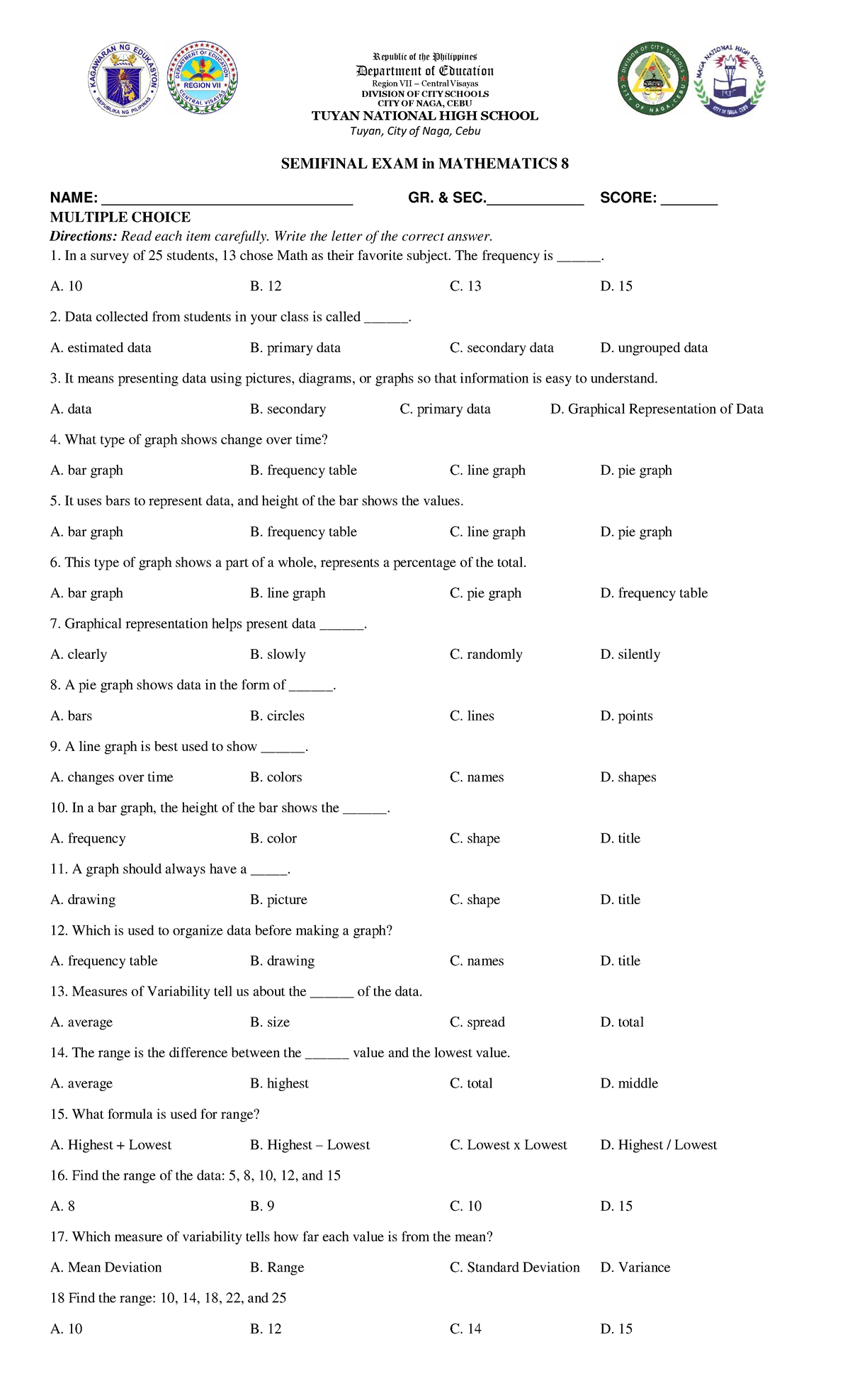 MATH 8 Semifinal Exam Coverage: Key Concepts and Questions - Studocu