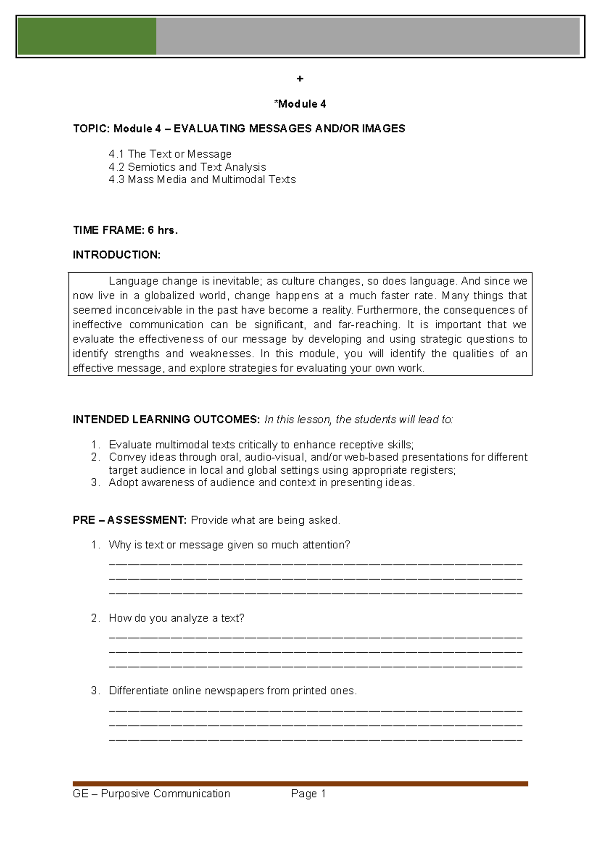 GEPur Comm M-4 - Module 4 exercises - + *Module 4 TOPIC: Module 4 ...
