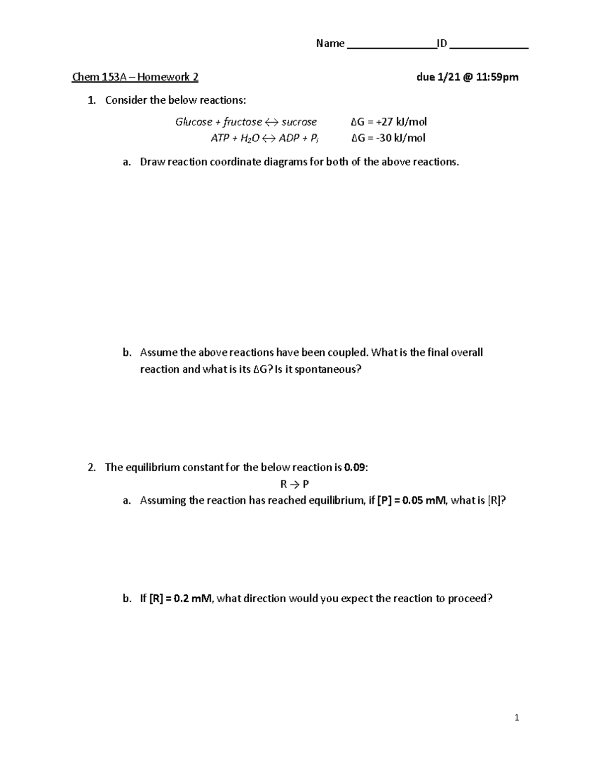 Chem 153A - Homework 2 Analysis & Reaction Equilibrium Insights - Studocu