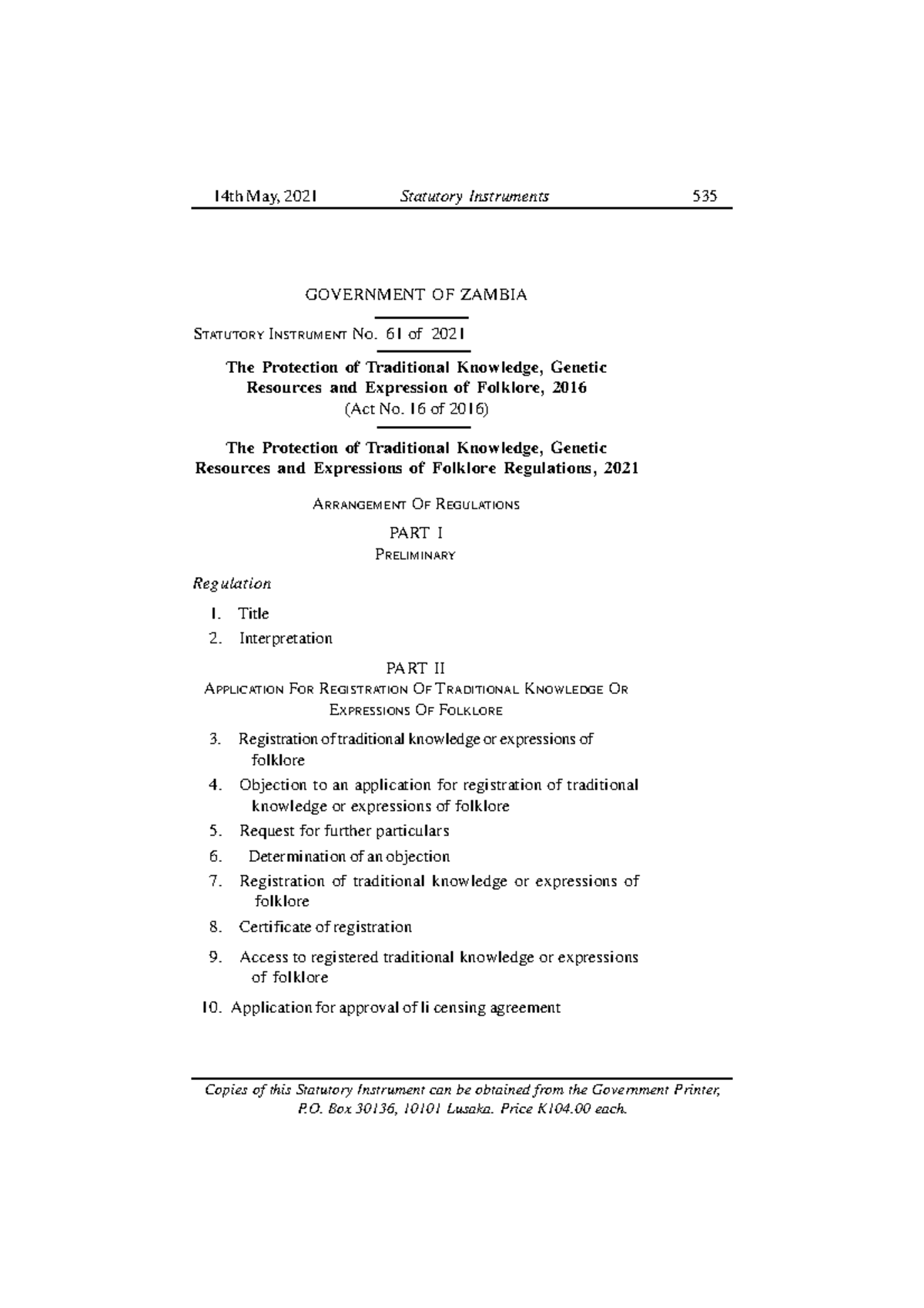 Statutory Instrument No. 61 of 2021: Protection of Traditional ...