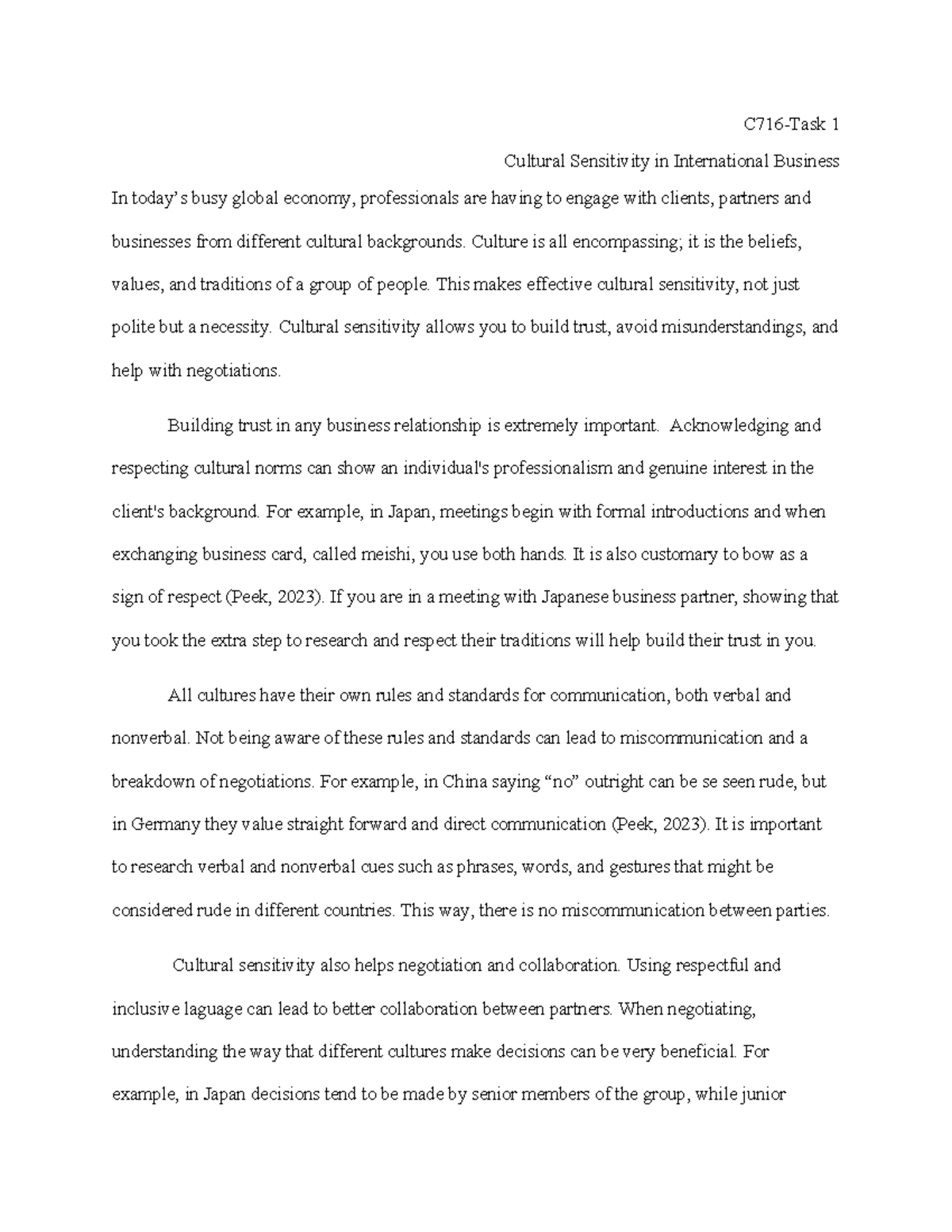 C716-Task 1: Cultural Sensitivity in Global Business Practices - Studocu
