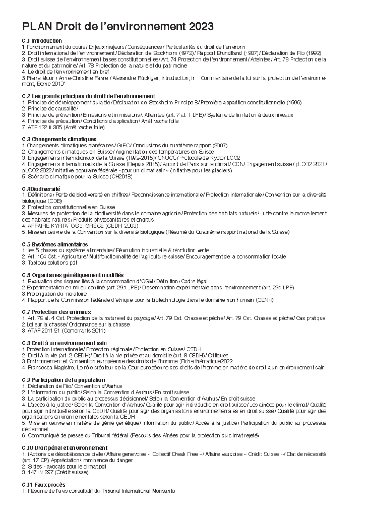 Plan détaillé du cours de Droit de l'Environnement (2023) - Studocu