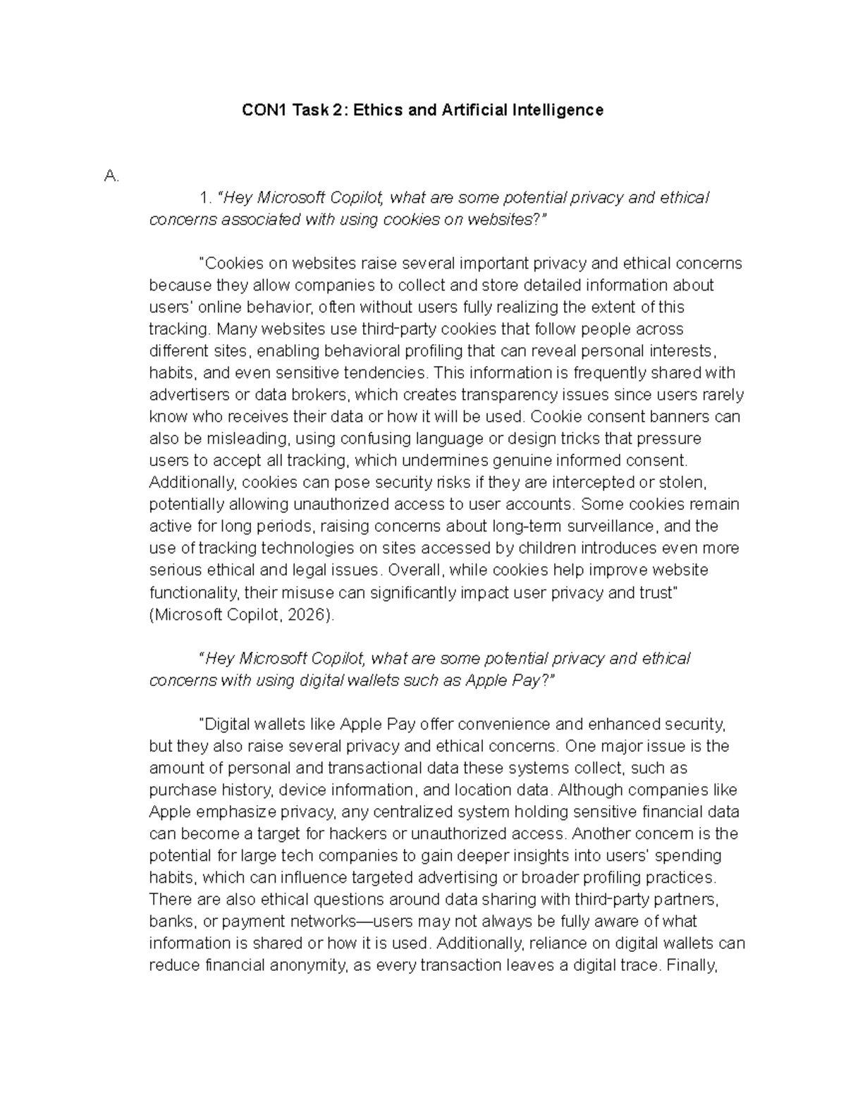 D842 Task 2: Privacy and Ethical Concerns in AI and Cookies - Studocu