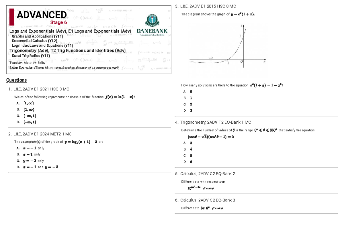 Extending Calculus HSC Practice Questions (2ADV E1) - Studocu