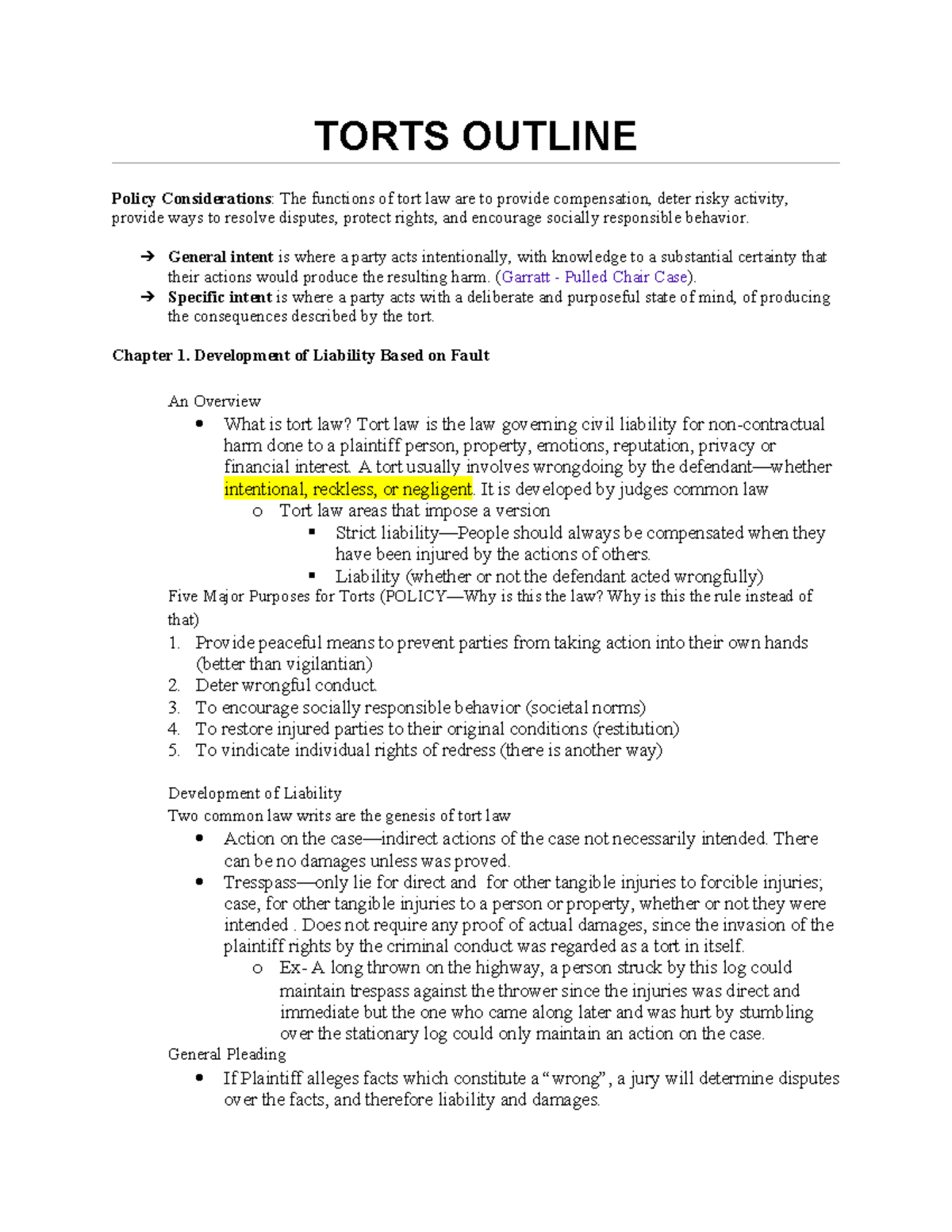 TORTS OUTLINE: Key Concepts and Case Summaries for Exam Prep - Studocu