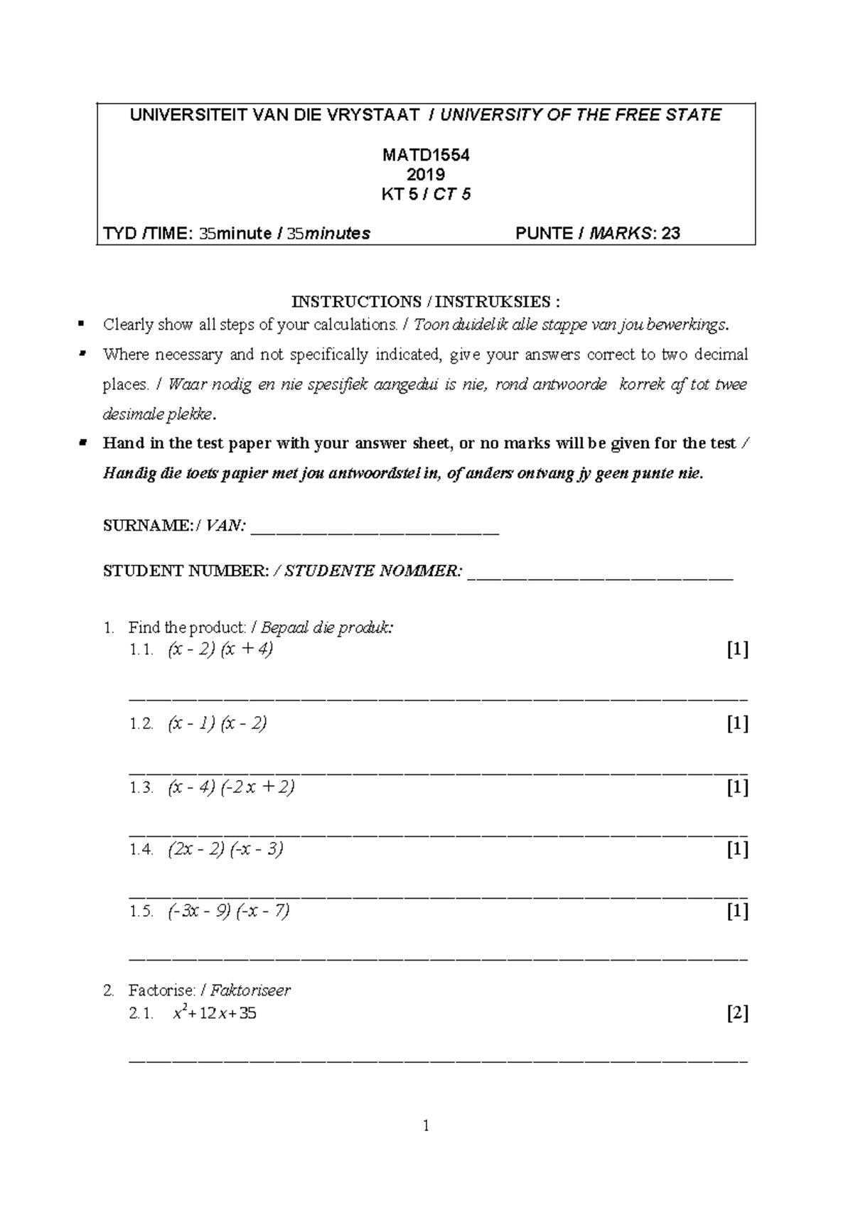 CT5 MATD1554 2019 - Test Instructions and Calculations Guide - Studocu