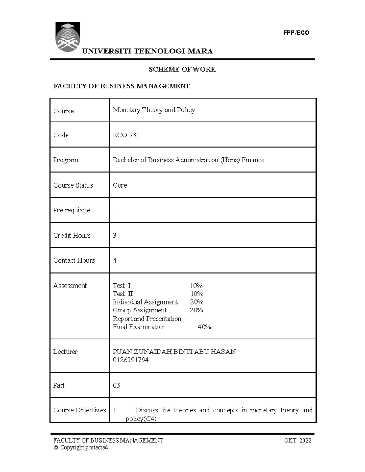 ECO531 Scheme of Work for Monetary Theory and Policy - Oct 2022 - Studocu