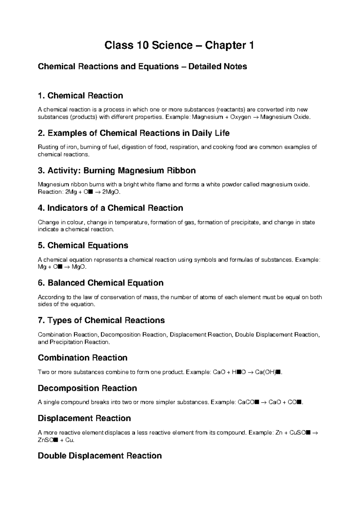 Class 10 Science Chapter 1 Chemical Reactions Detailed Notes - Studocu
