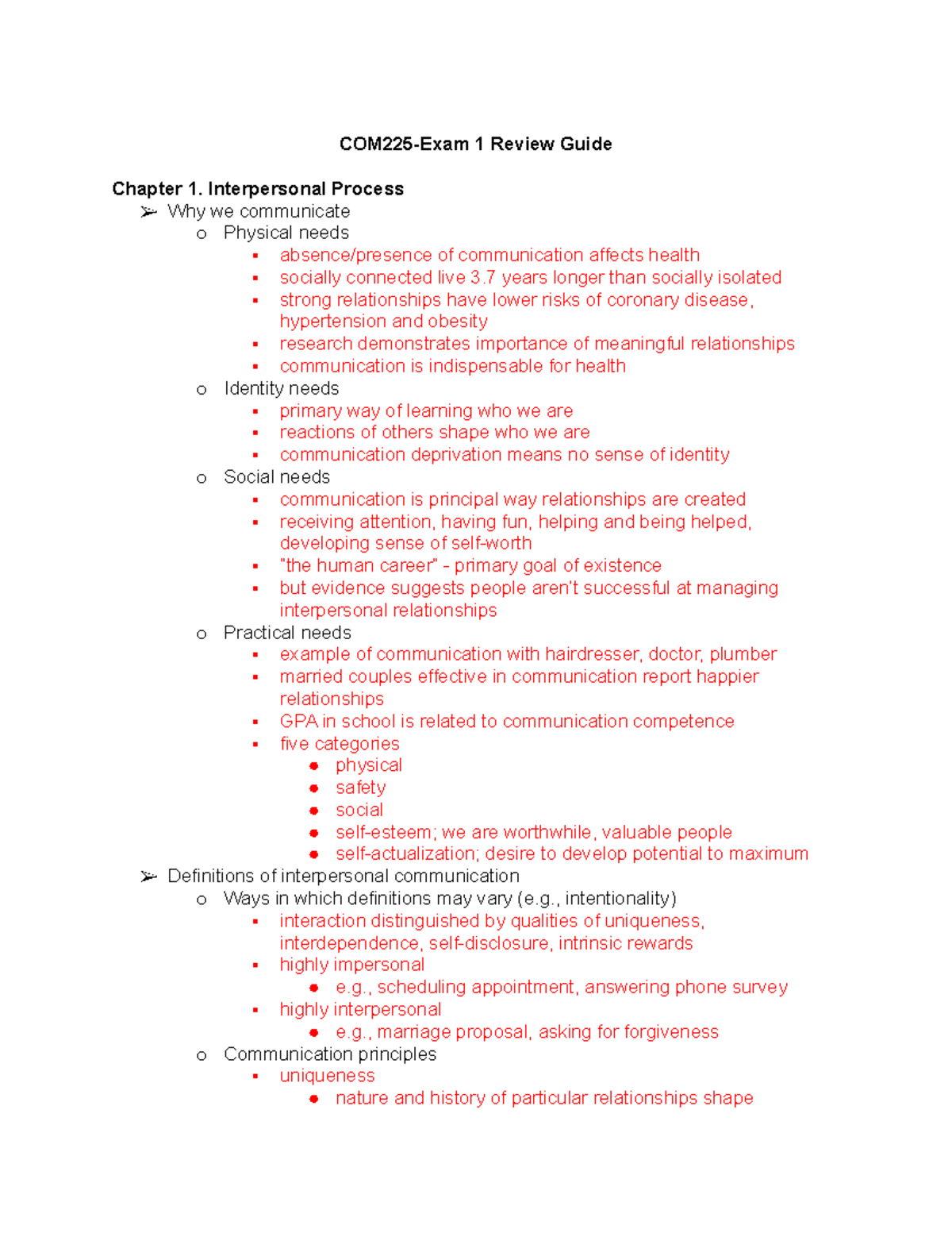 COM 225 - Exam 1 Review Guide: Interpersonal Communication Insights ...