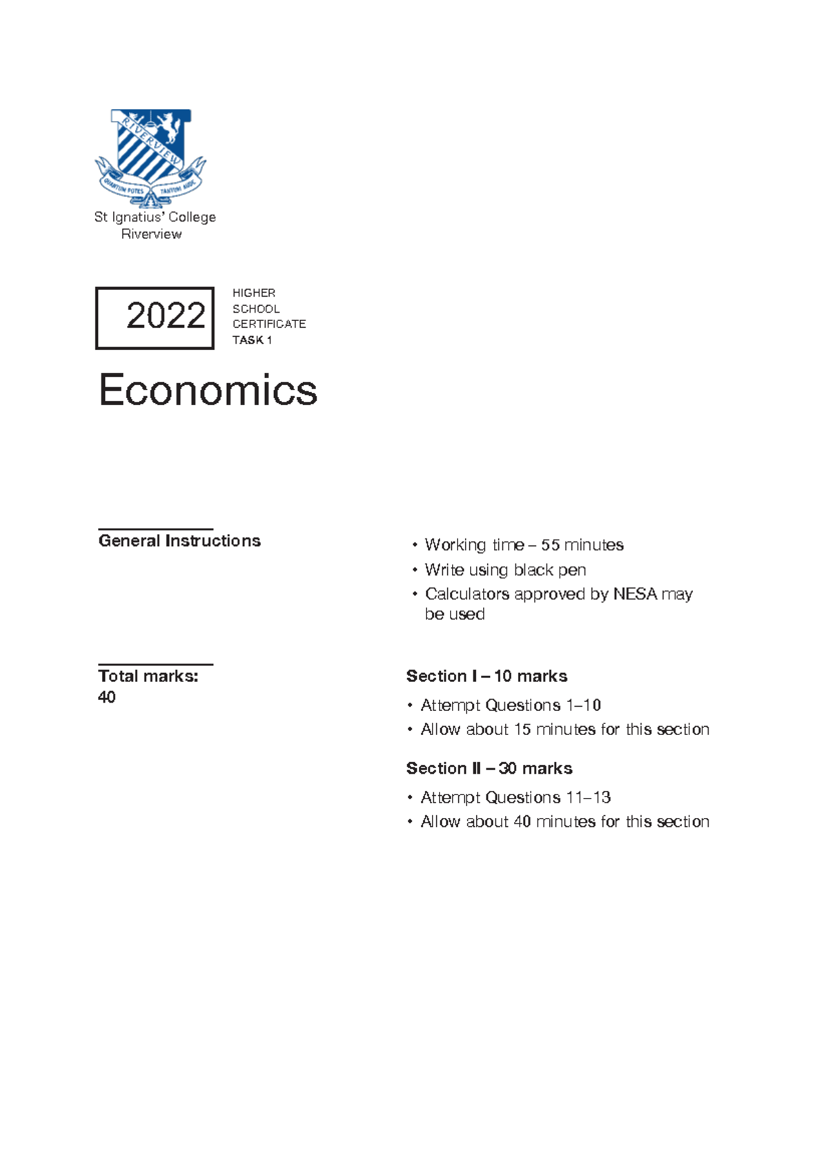 2022 HSC Task 1 Economics Topic Test - General Instructions - Studocu