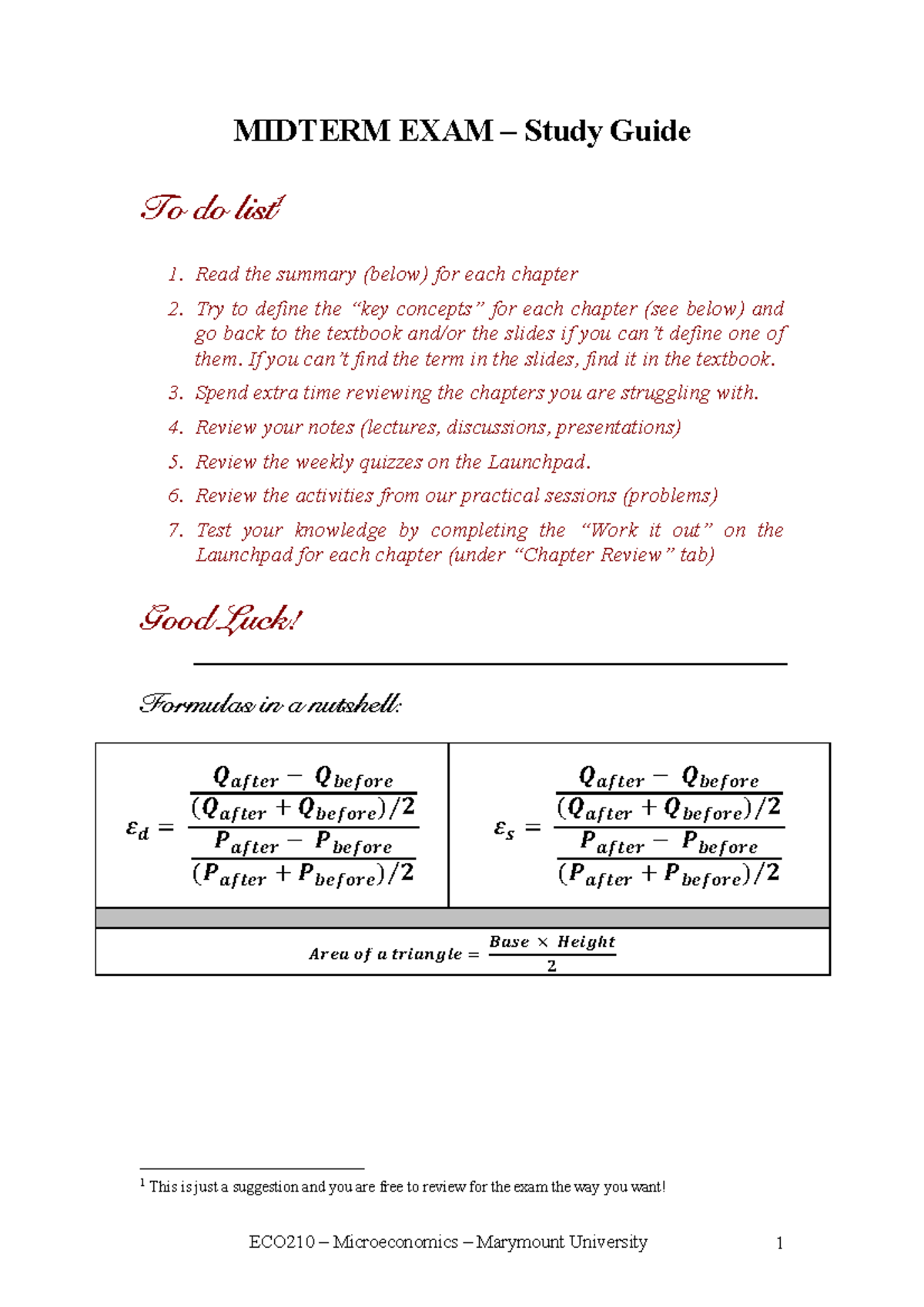 Midterm Study Guide for ECO210-1: Key Concepts and Formulas - Studocu