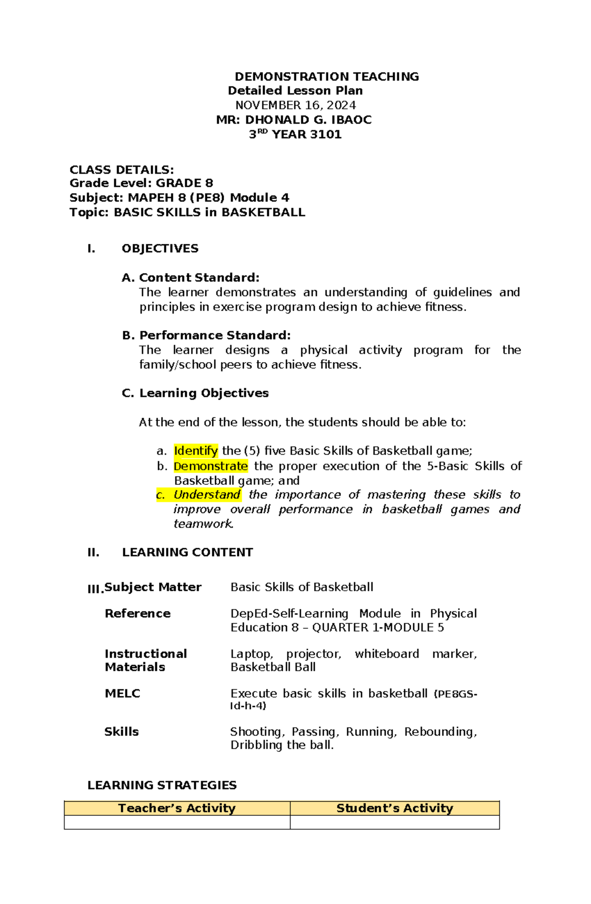 Detailed Lesson Plan: Basic Skills in Basketball (Grade 8 - MAPEH 8 ...