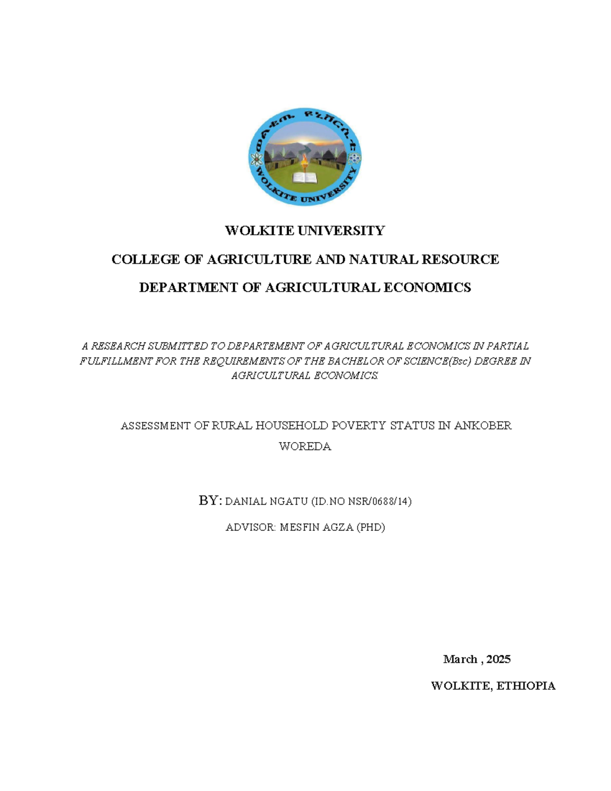 Assessment of Rural Household Poverty Status in Ankober Woreda (BSc ...