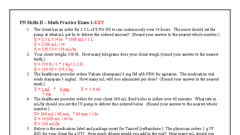 PN Skills II Math Practice Exam 1 - Answer Key - Studocu