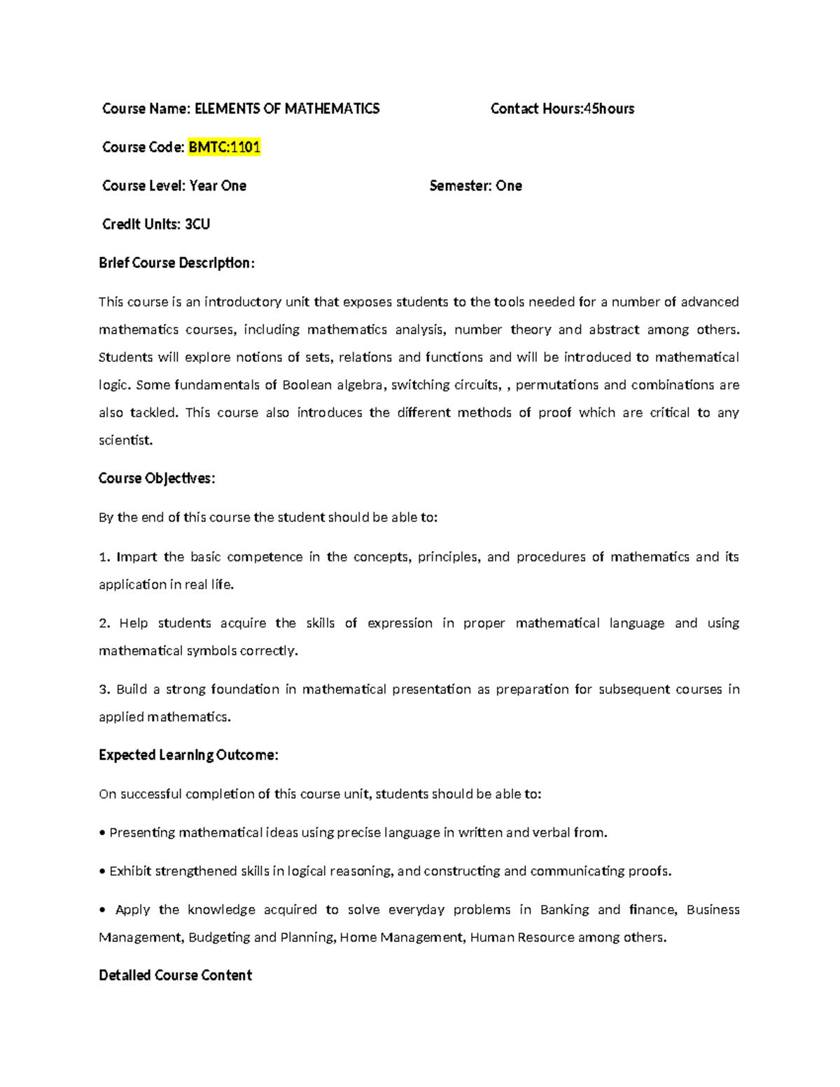 BMTC:1101 Elements of Mathematics Course Outline - Studocu