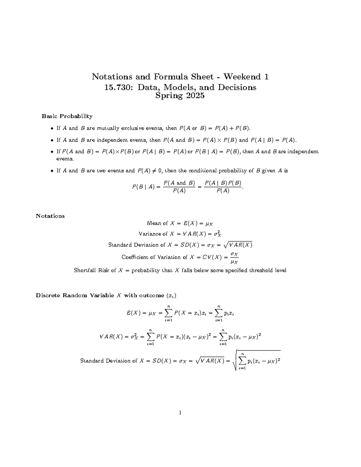 Notations Formulas Weekend 1 - Notations and Formula Sheet - Weekend 1 ...