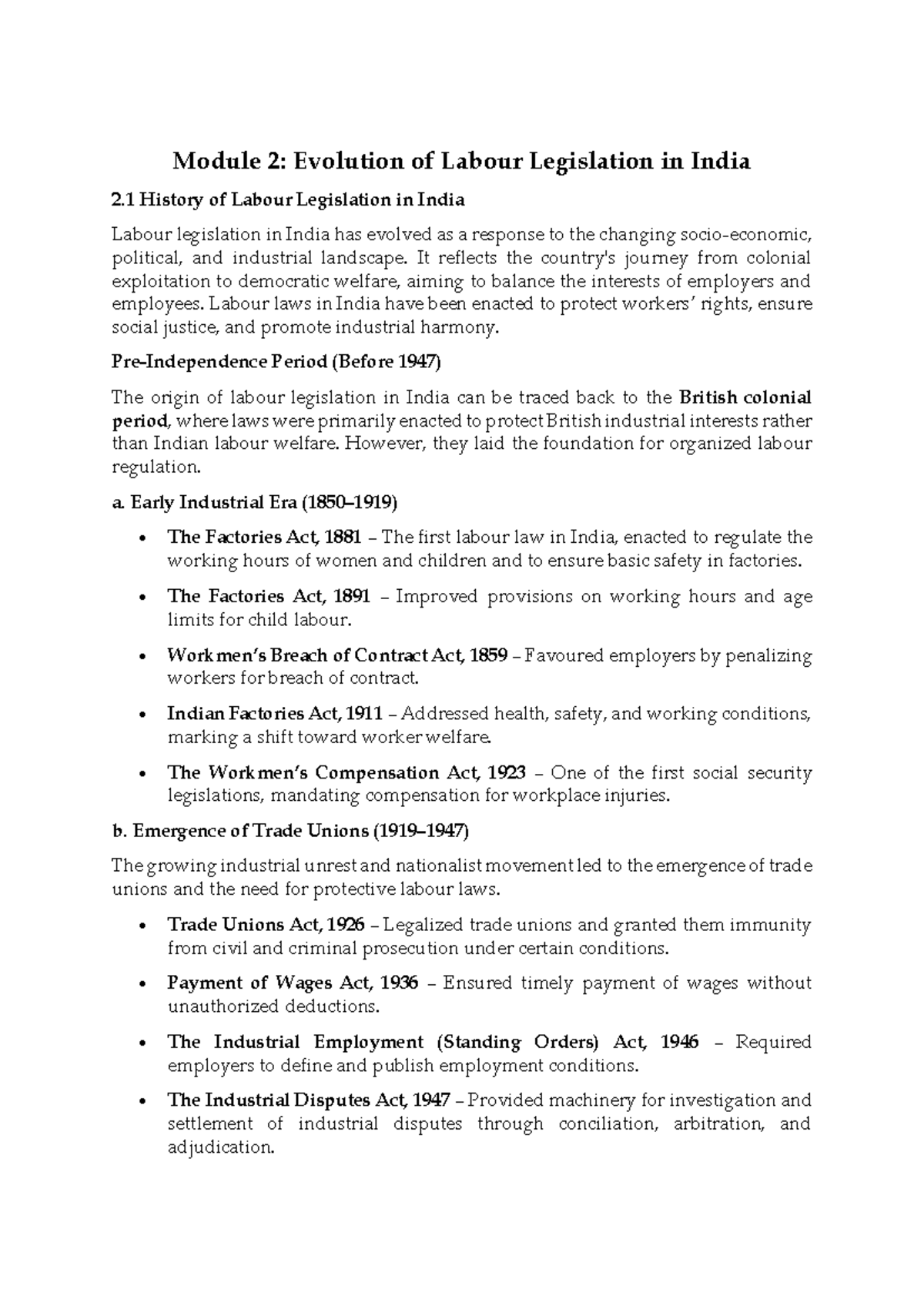 IR 2nd Module-1: Evolution of Labour Legislation in India - Studocu