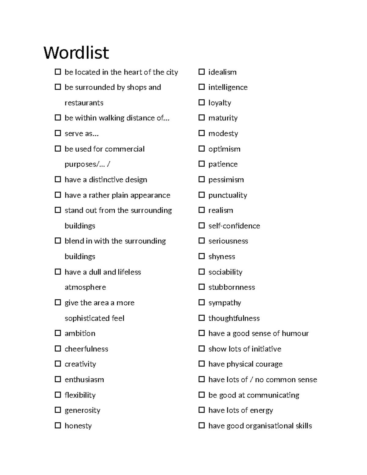 Wordlist: Key Traits and Characteristics for Urban Design - Studocu