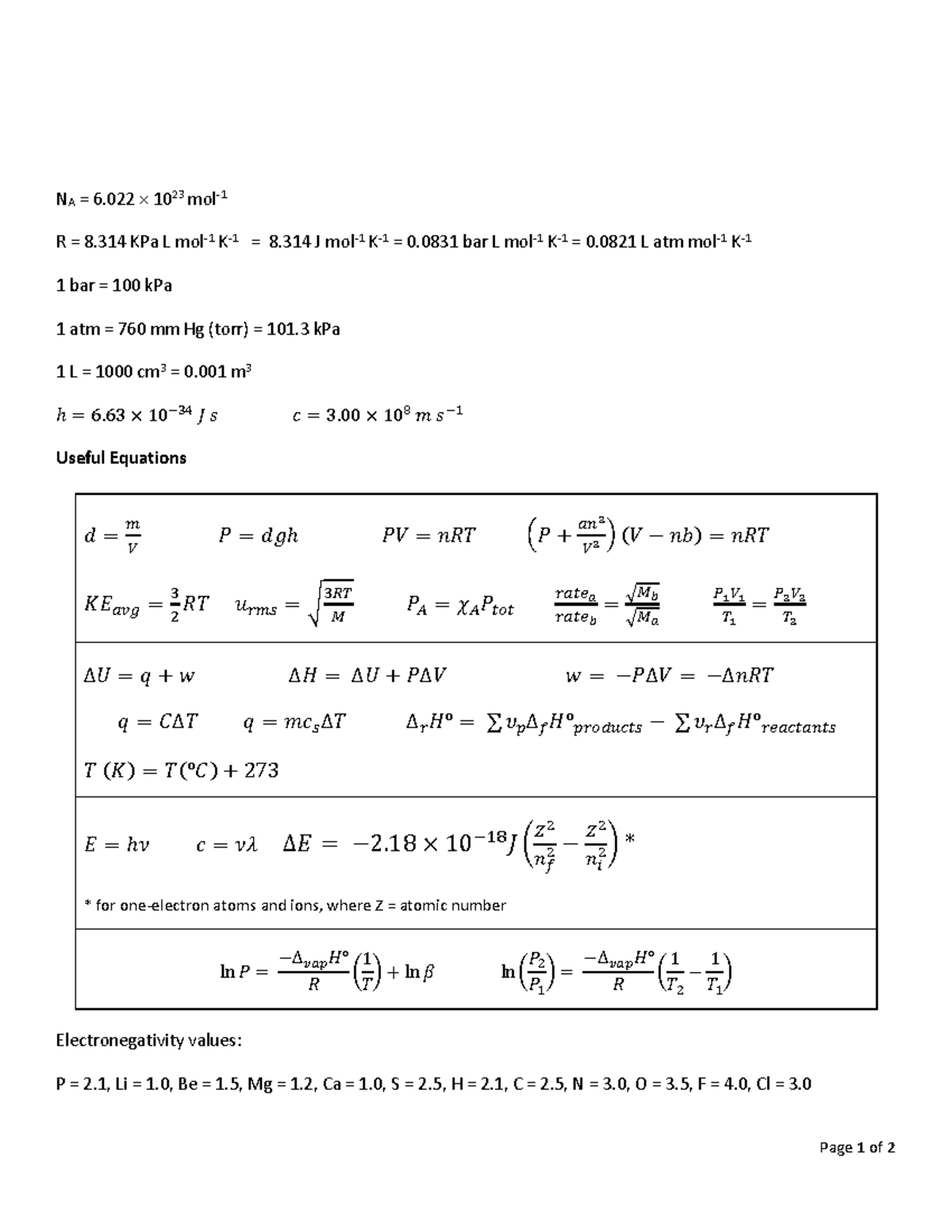 CHEM1000 F2025 Final Exam Formula Sheet and Useful Equations - Studocu