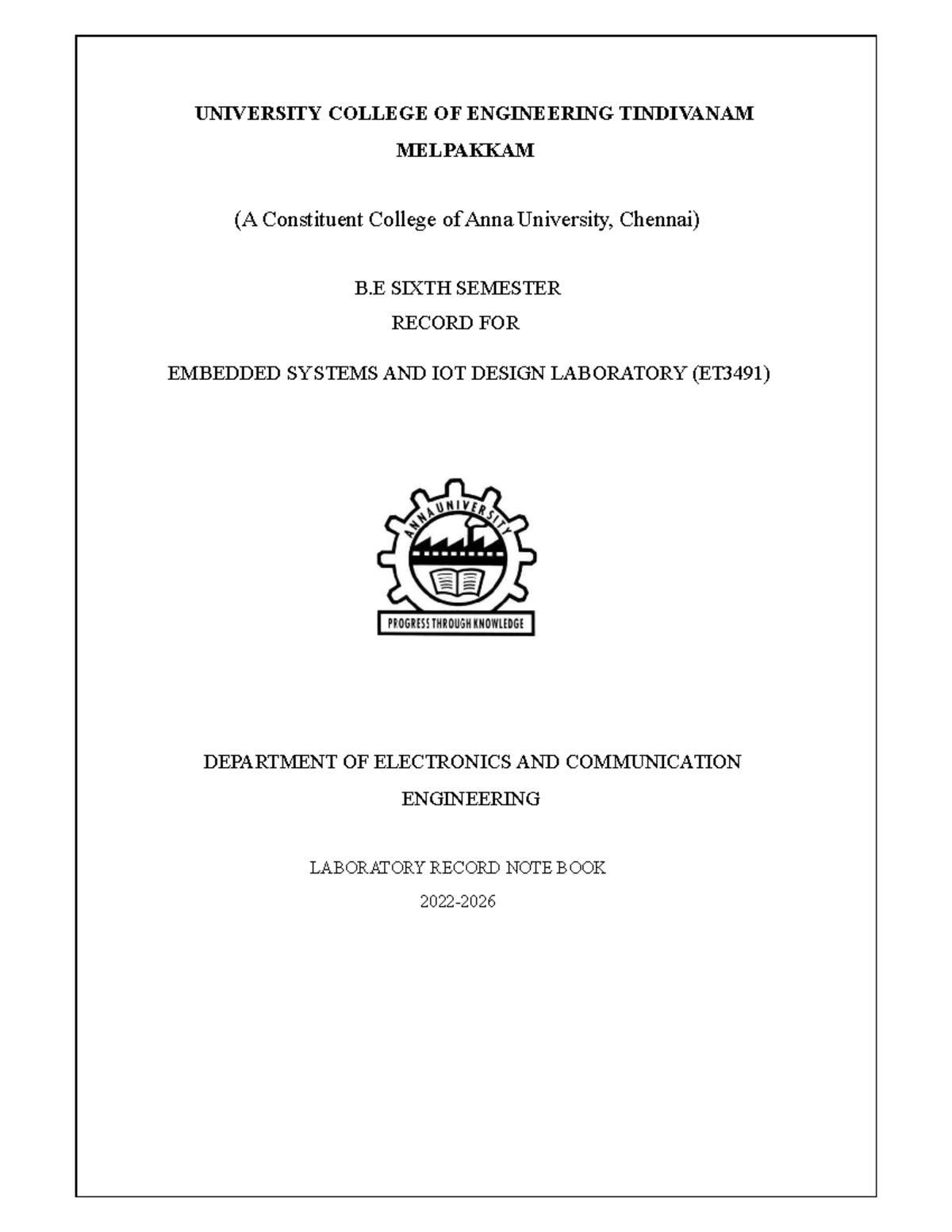 Embedded Systems and IoT Design Lab Record (ET3491) - VI Sem - Studocu