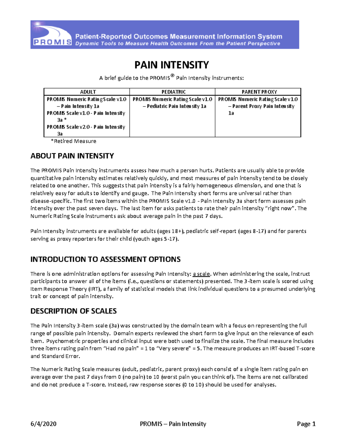 PROMIS Pain Intensity Scoring Manual: Adult & Pediatric Instruments ...