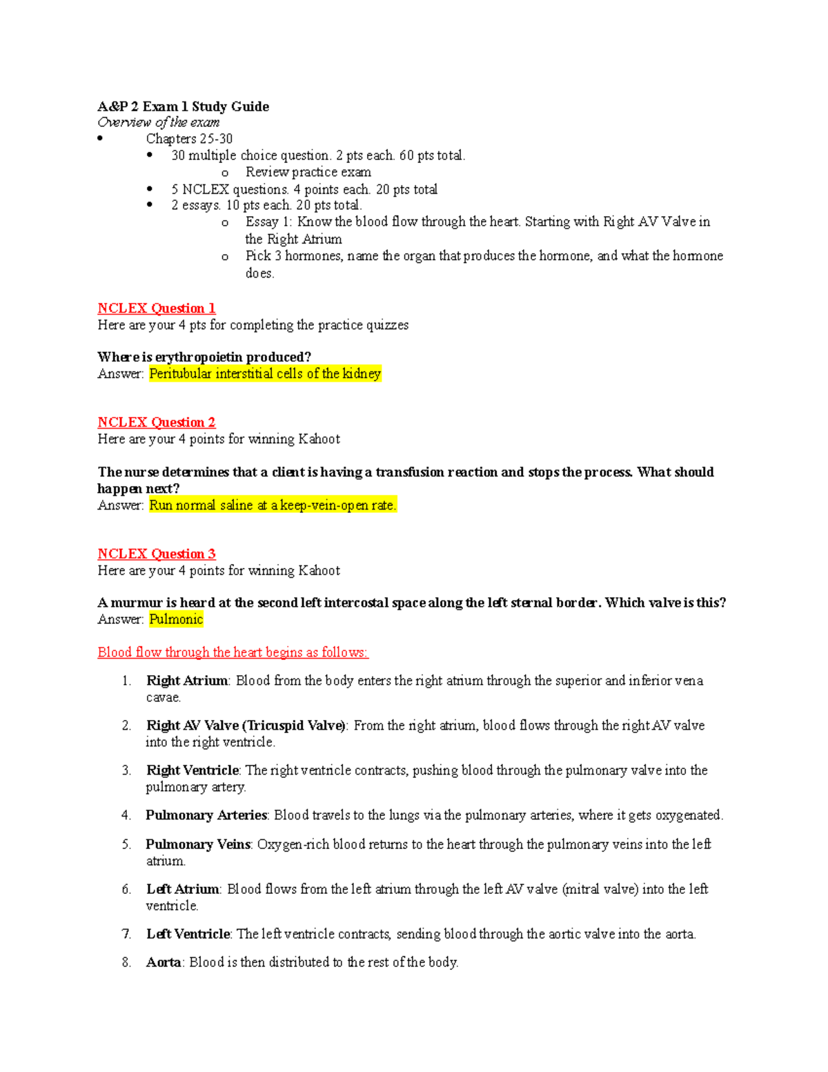 AP II Exam 1 Study Guide - Key Topics and NCLEX Questions - Studocu