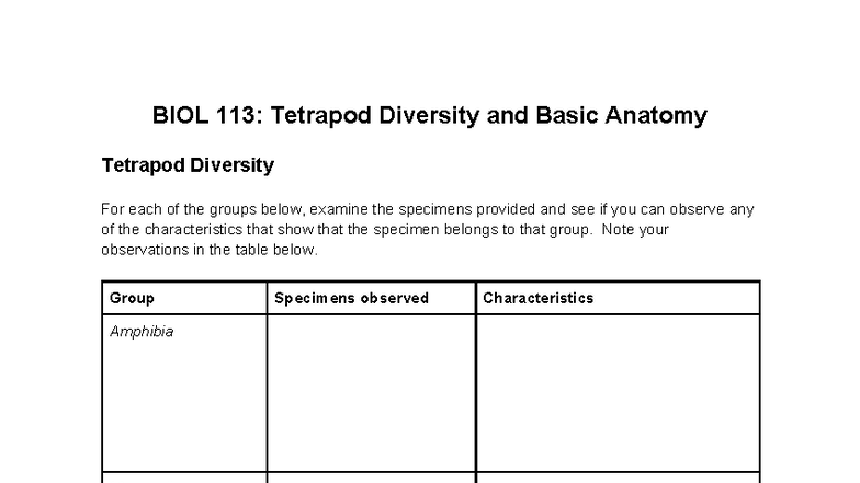 BIOL 113: Lab 12 - Tetrapod Diversity & Anatomy Observations - Studocu