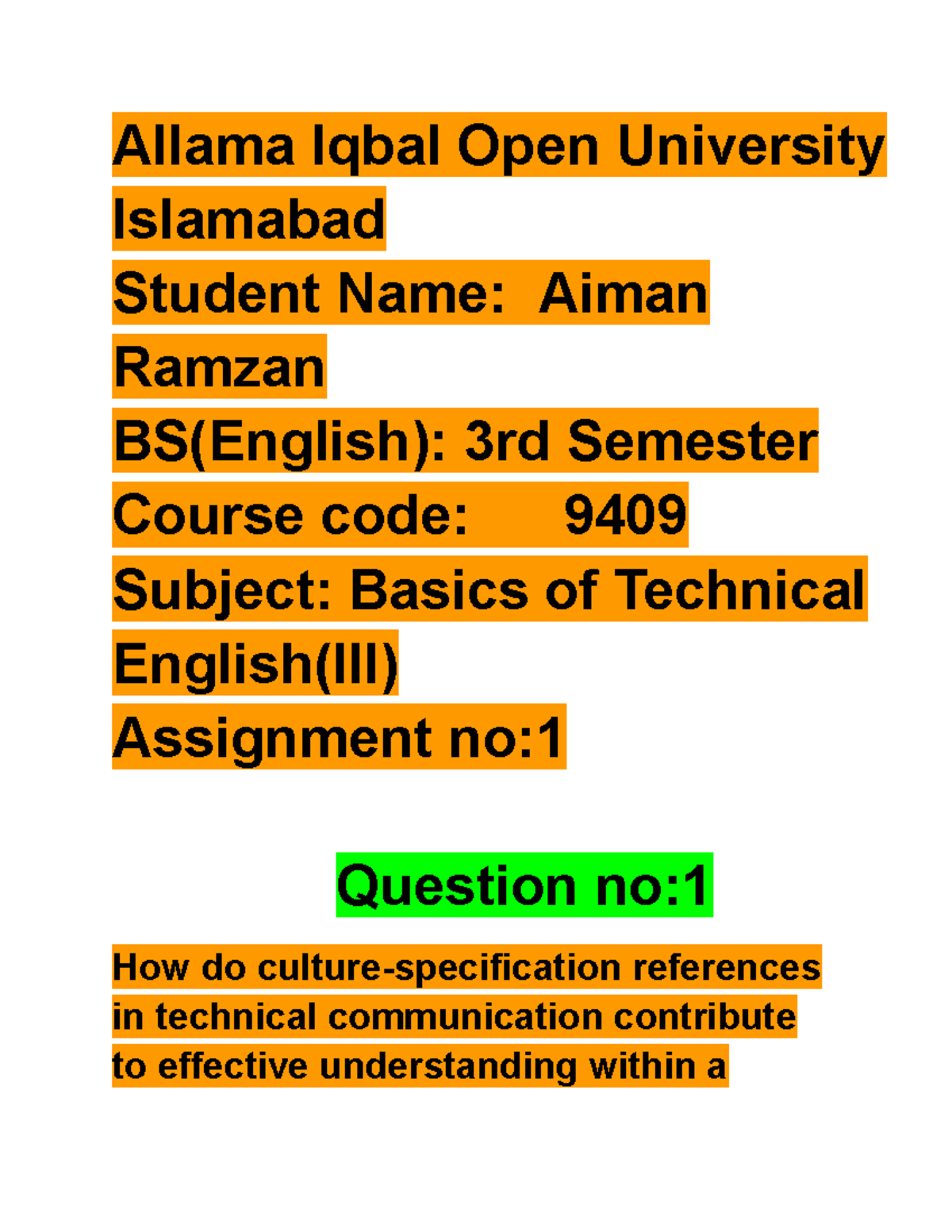 9409 Aiman Ramzan assignment no 1 2 - Allama Iqbal Open University ...