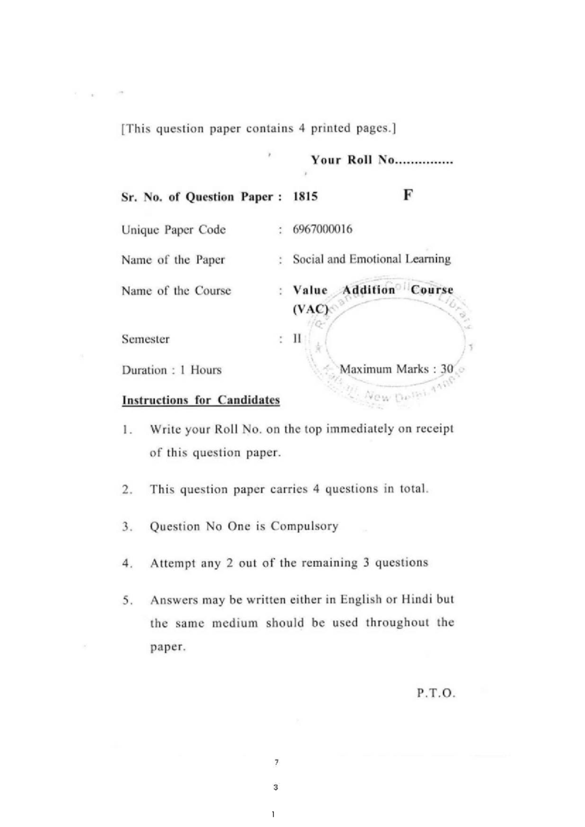 Social and Emotional Learning Question Paper - VAC II (Code: 1815 ...