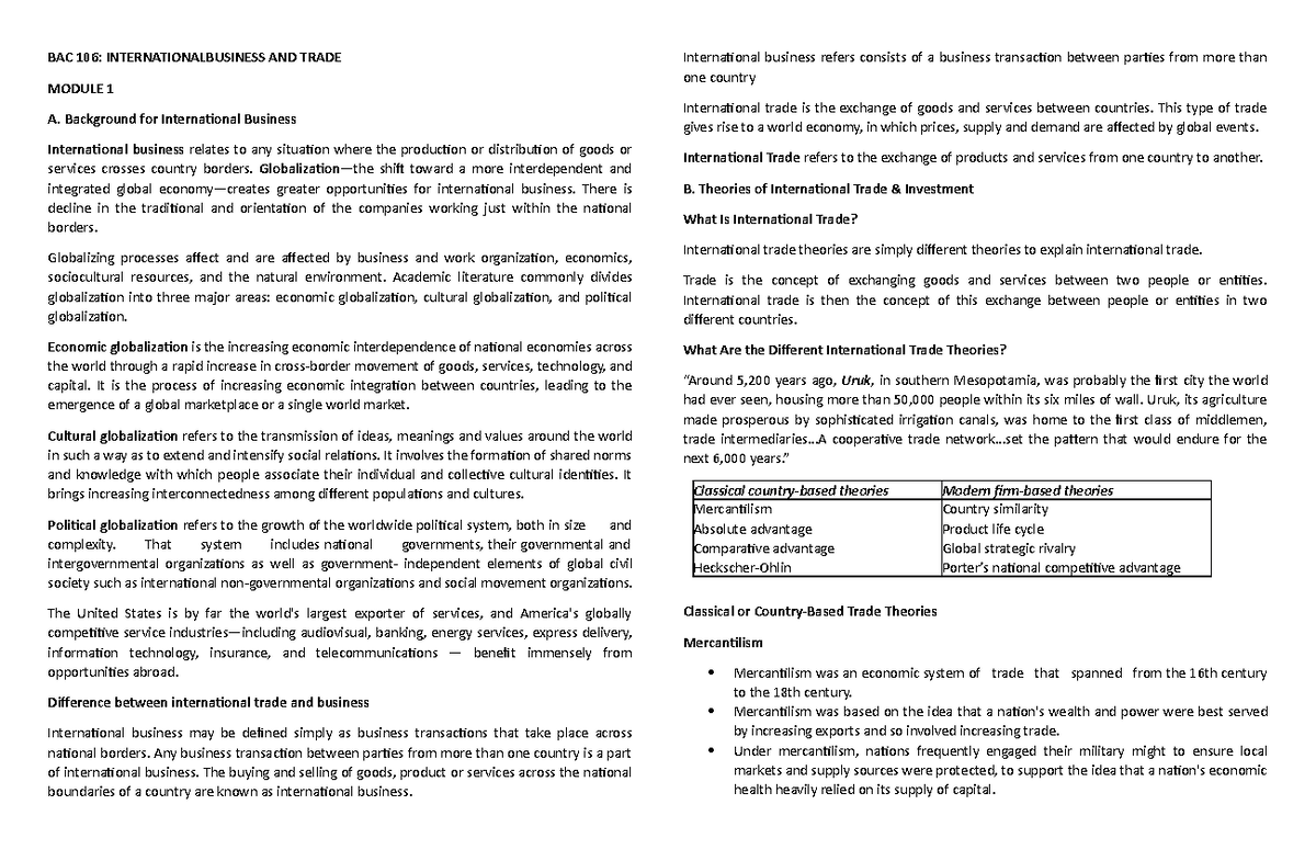 BAC 106 Module 1 - International Business and Trade Lectures - Studocu
