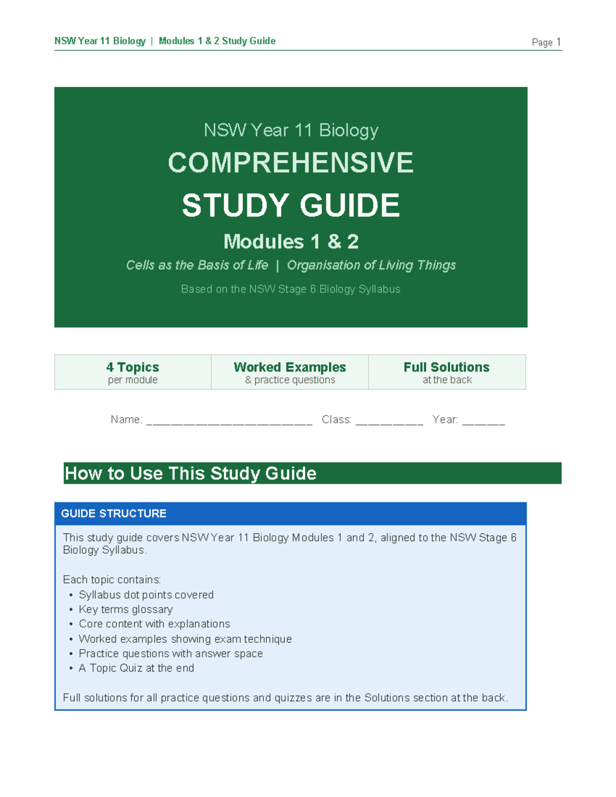 NSW Year 11 Biology Study Guide: Modules 1 & 2 Overview - Studocu