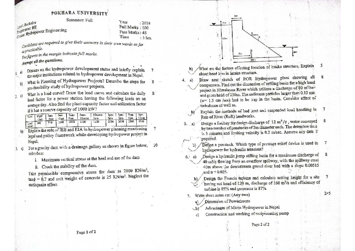 Hydropower Engineering Exam Questions Be 5m Semester Fall 2024 Studocu