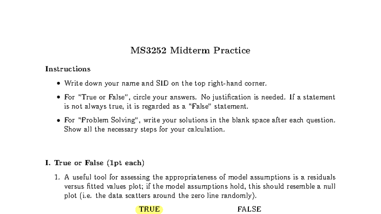 MS3252 Regression Analysis Midterm Practice Questions - Studocu