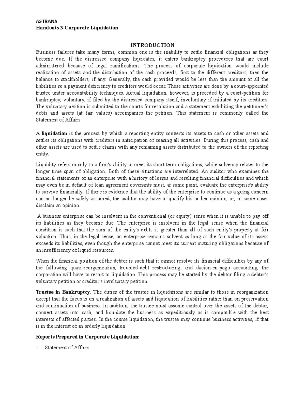 Handouts 3 - Key Concepts in Corporate Liquidation Processes - Studocu