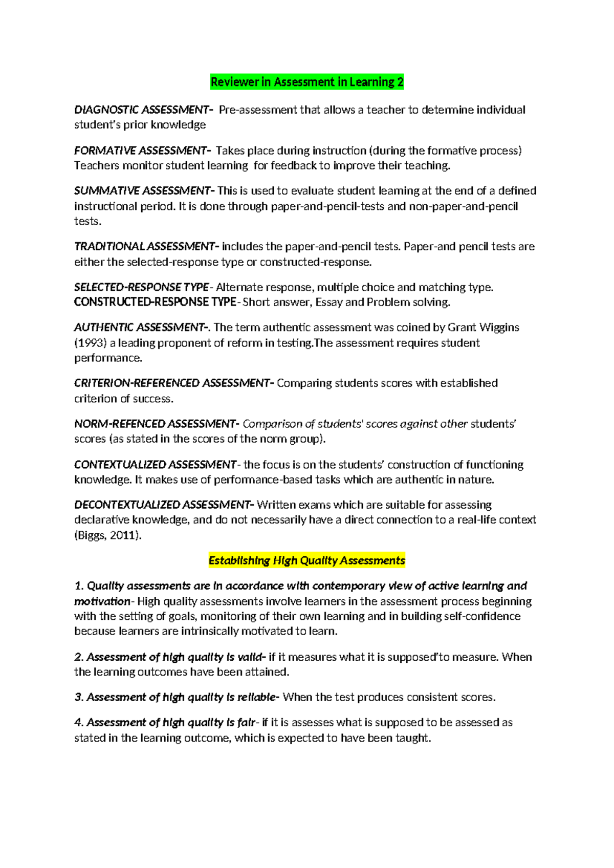 Assessment in Learning 2: Comprehensive Reviewer for Educators - Studocu