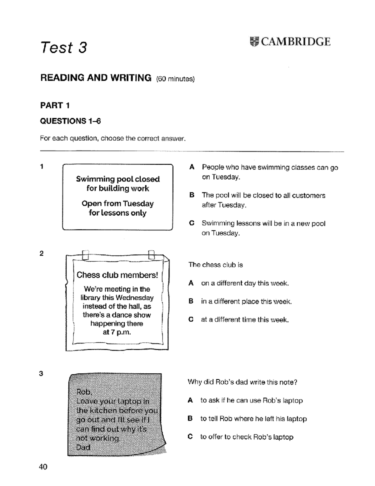 Test 3 KET1: Reading and Writing Practice Questions - Studocu