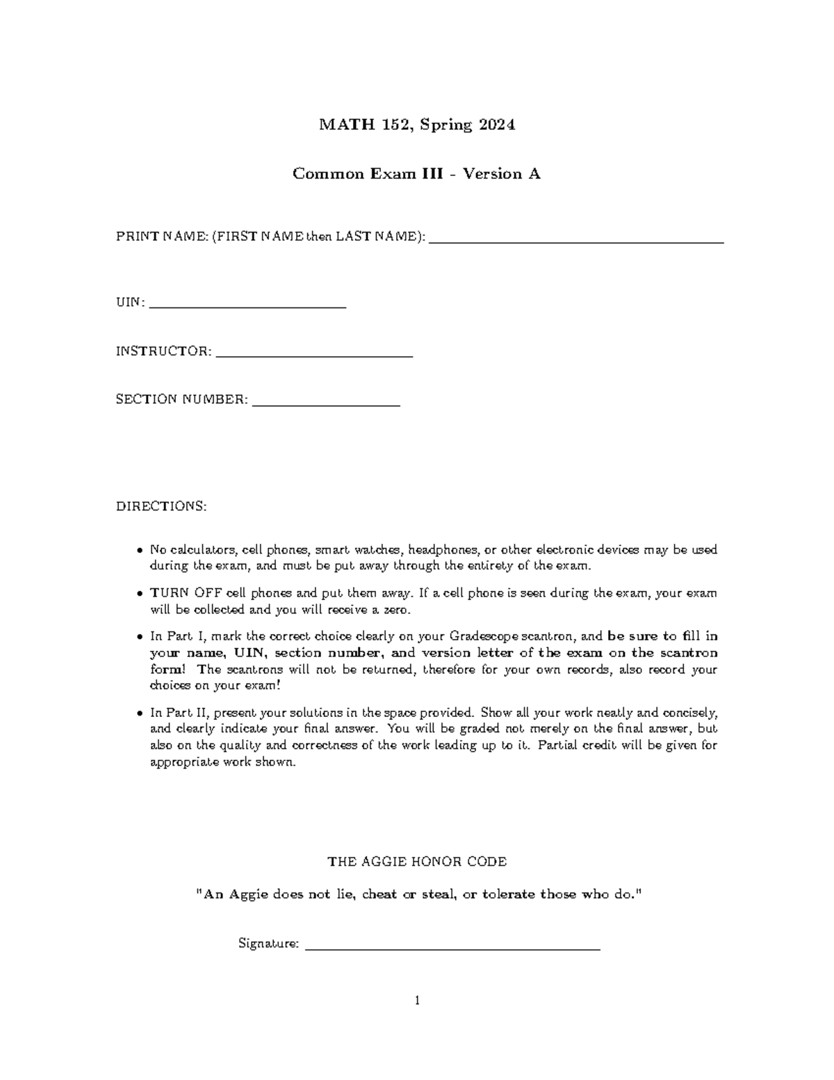 MATH 152 Spring 2024 Common Exam Version A - Practice Exam - Studocu