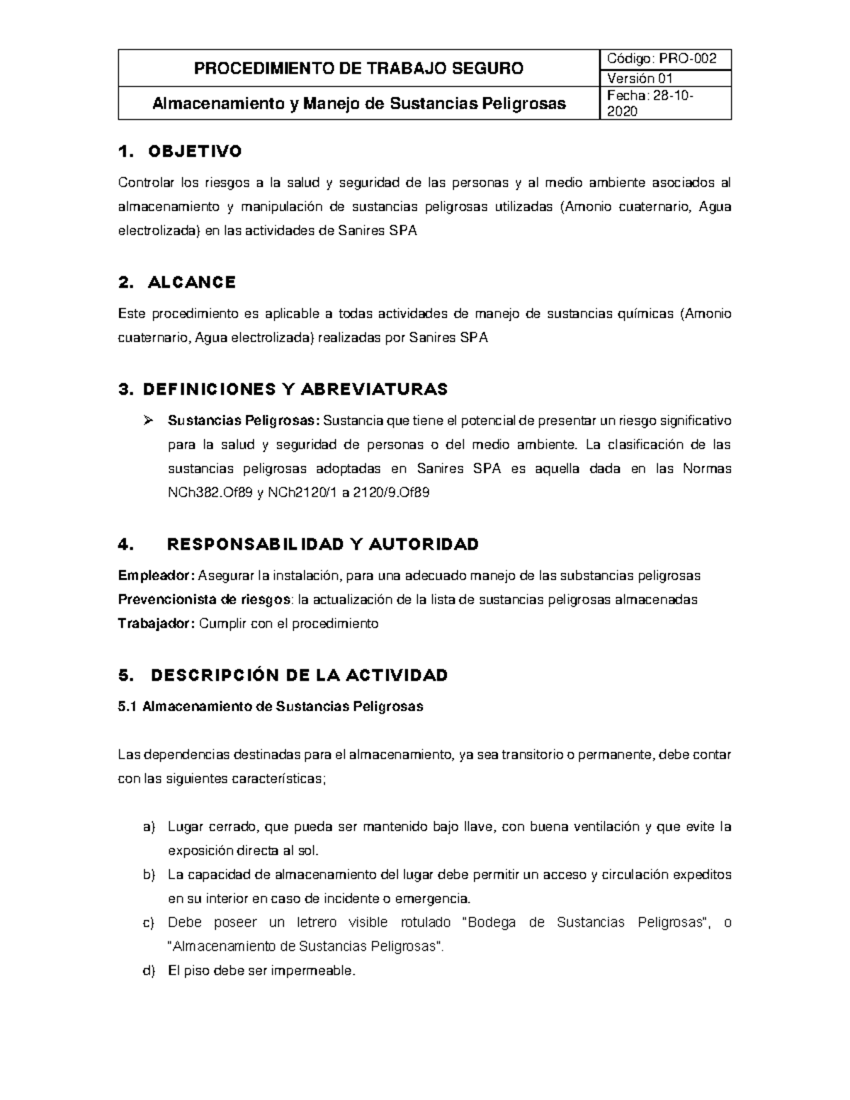 Procedimiento de Almacenamiento y Manejo de Sustancias Peligrosas - Studocu