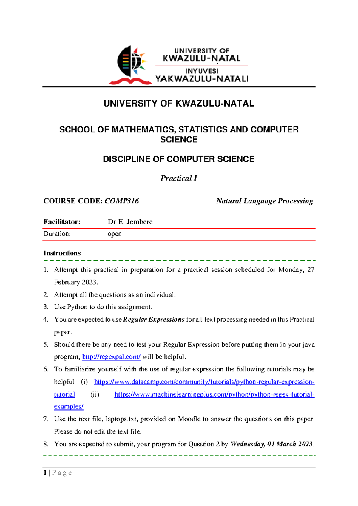 COMP316 Practical I: Natural Language Processing with Python - Studocu