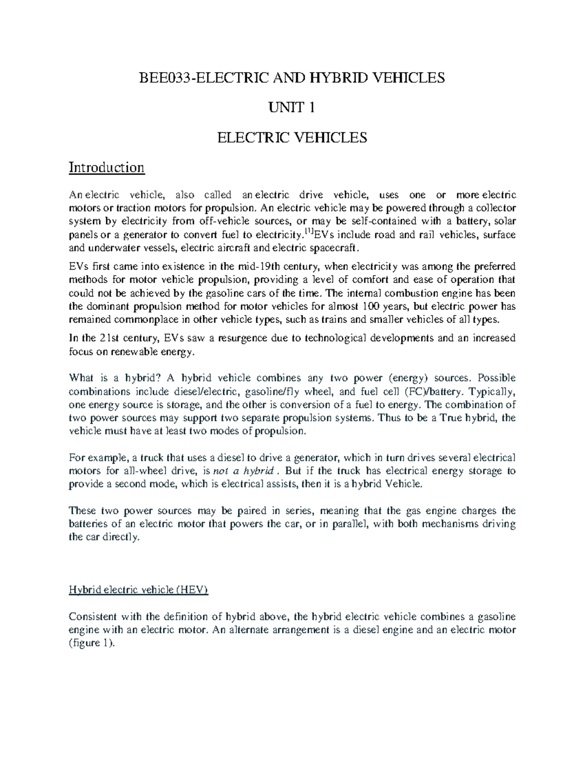 EHV1 - Unit 1: Electric and Hybrid Vehicles Overview and Design ...