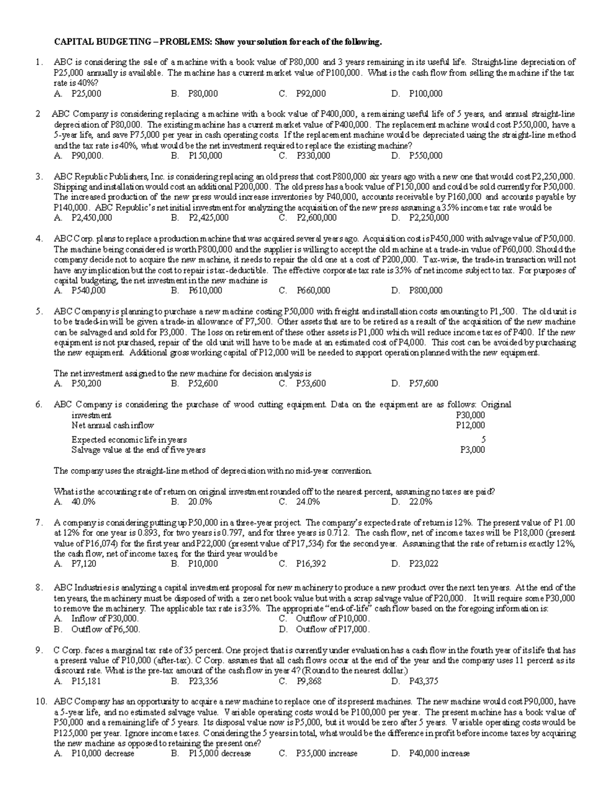 Capital Budgeting Problems: Solutions and Analysis for F2F - Studocu