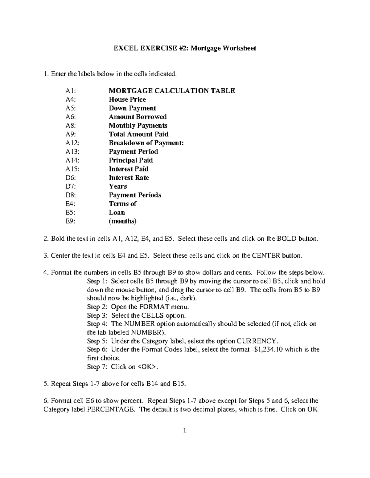 EXCEL EXERCISE: Mortgage Calculation Worksheet Guide - Studocu
